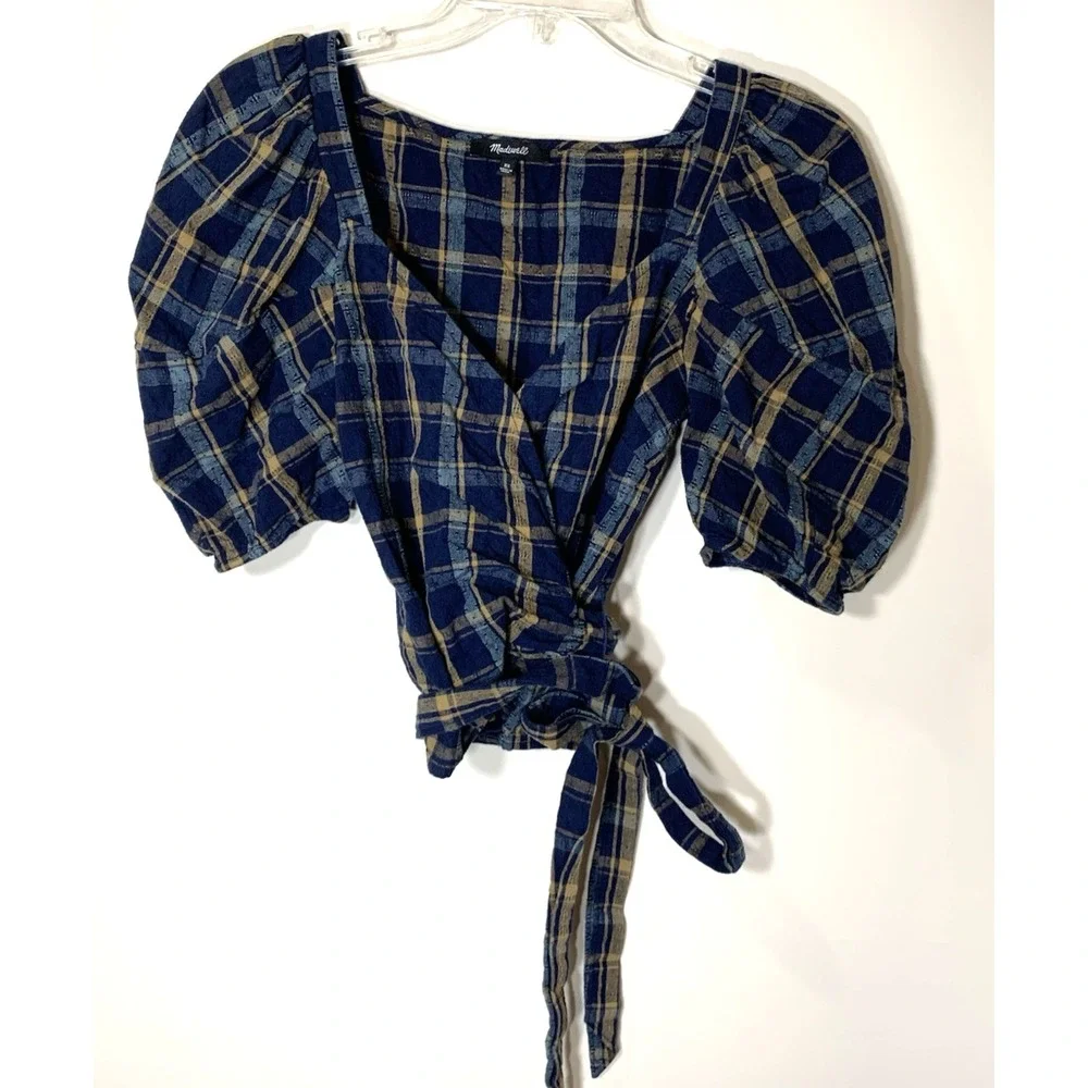 Madewell Sweetheart Wrap Top Womens XS Plaid Navy Blue Cotton Milkmaid Cottage‎